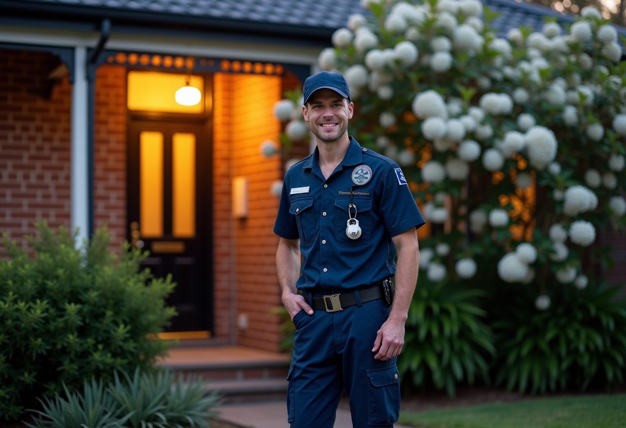 Locksmith opening a Federation home's front door at dusk — Carlingford